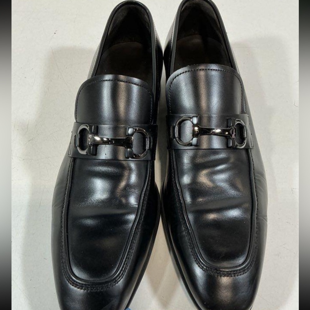 Men’s Salvatore Ferragamo Black Leather Slip-On Loafers with Horse Bit Size 8.5D